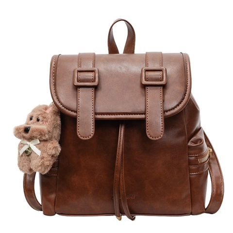Vintage PU Leder Rucksack Für Damen Große Kapazität Kordelzug Klappe Schultasche Mit Plüschbär Anhänger Koreanischer Stil