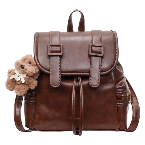 Vintage PU Leder Rucksack Für Damen Große Kapazität Kordelzug Klappe Schultasche Mit Plüschbär Anhänger Koreanischer Stil