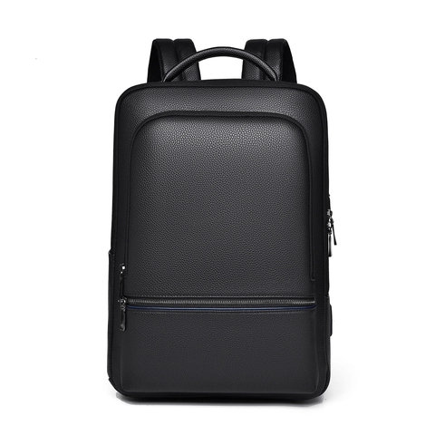 Men Business Backpack PU Leather Litchi Grain Waterproof Large Capacity Commuting Travel Bag With USB Port Luggage Strap Laptop Bag