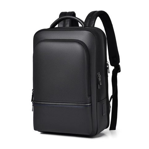 Men Business Backpack PU Leather Litchi Grain Waterproof Large Capacity Commuting Travel Bag With USB Port Luggage Strap Laptop Bag