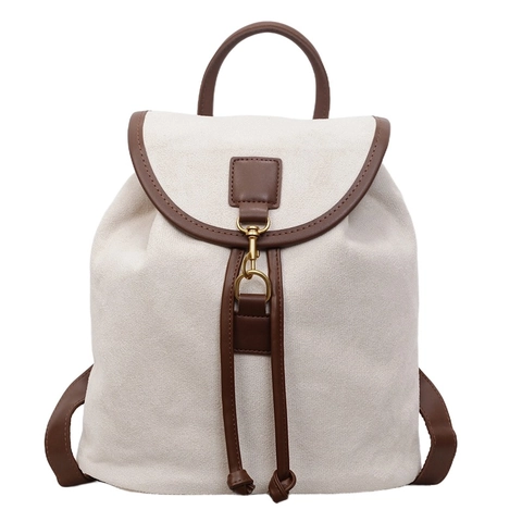 Vintage Suede Women Backpack Large Capacity Fashion Matte Rucksack With Drawstring Flap Metal Hook For Ladies