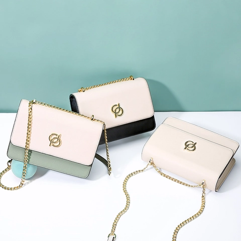 Bolso de Hombro para Mujer de Cuero PU de Moda Bloque de Color Bolso Mensajero Con Cadena de Metal Logotipo Entrelazado