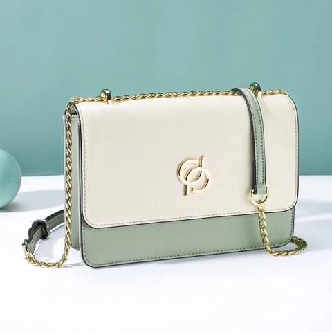 Bolso de Hombro para Mujer de Cuero PU de Moda Bloque de Color Bolso Mensajero Con Cadena de Metal Logotipo Entrelazado