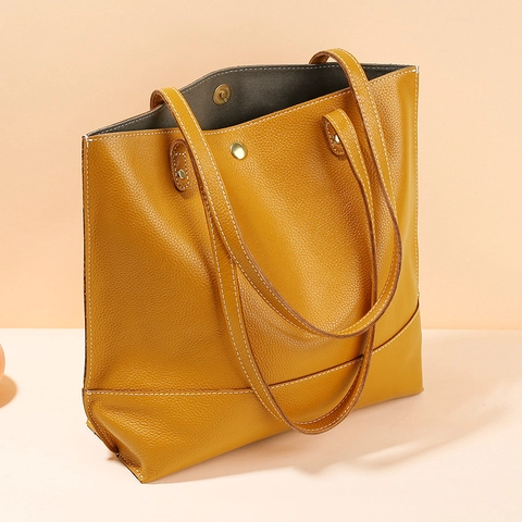 Borsa Tote in Vera Pelle di Vacchetta Grande Capacità Grana Litchi Cuciture a Contrasto Minimalista Borsa a Spalla Pendolare