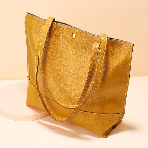 Borsa Tote in Vera Pelle di Vacchetta Grande Capacità Grana Litchi Cuciture a Contrasto Minimalista Borsa a Spalla Pendolare
