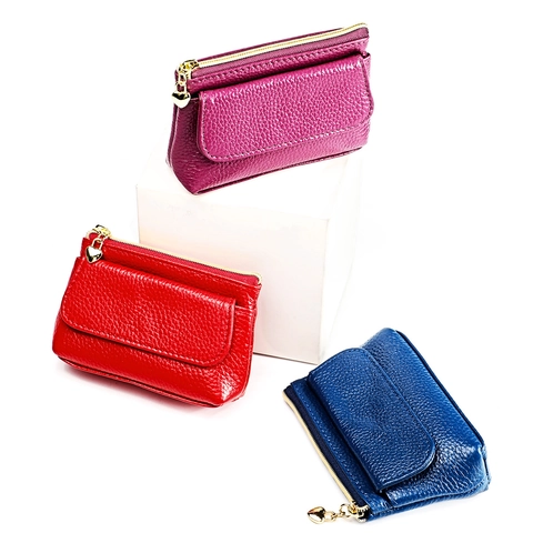 Genuine Cowhide Leather Mini Coin Purse Zippered Wallet With Key Ring Lychee Pattern RFID Blocking Heart Zipper Pull