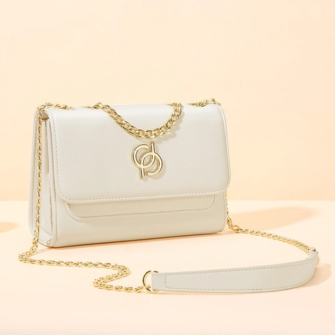 Women Shoulder Bag PU Leather Golden Interlocking Ring Decor Chain Strap Small Square Flap Crossbody Elegant Handbag