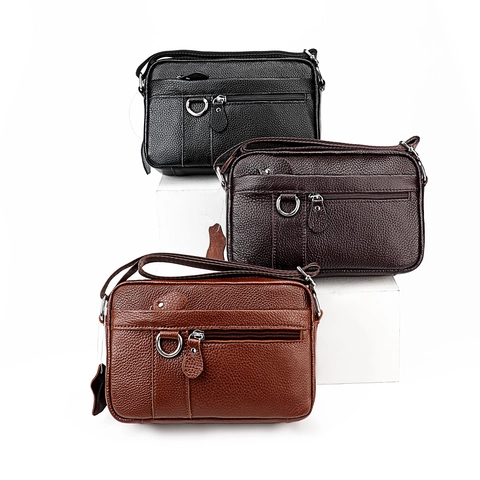 Men Genuine Leather Crossbody Bag Top Layer Cowhide Litchi Texture Multi Zipper Pocket RFID Blocking Casual Shoulder Bag