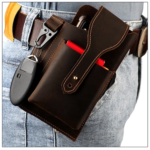 Marsupio da Uomo in Pelle di Vacchetta Vintage Custodia per Telefono Multifunzionale Con Passante per Cintura Borsa Tattica