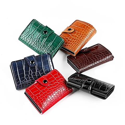 RFID Blocking Pop-up Card Holder Crocodile Pattern Cowhide Leather Metal Box Slim Wallet Business Credit Card Case For Men Women