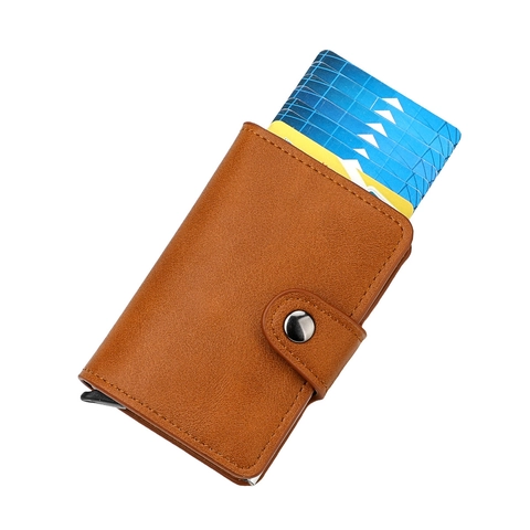 Porta Carte Automatico Pop Up Protezione RFID Lega Di Alluminio Pelle Bovina Portafoglio Sottile Per Uomini Donne