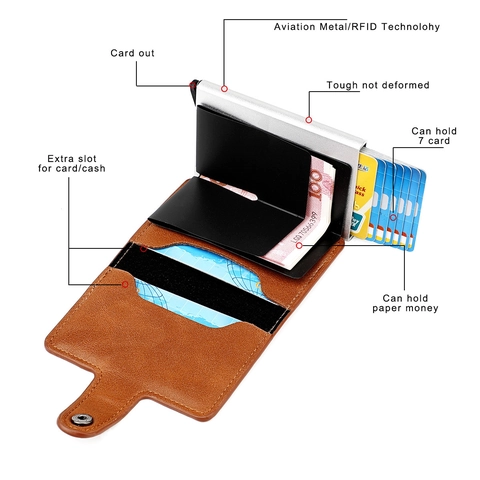 Porta Carte Automatico Pop Up Protezione RFID Lega Di Alluminio Pelle Bovina Portafoglio Sottile Per Uomini Donne