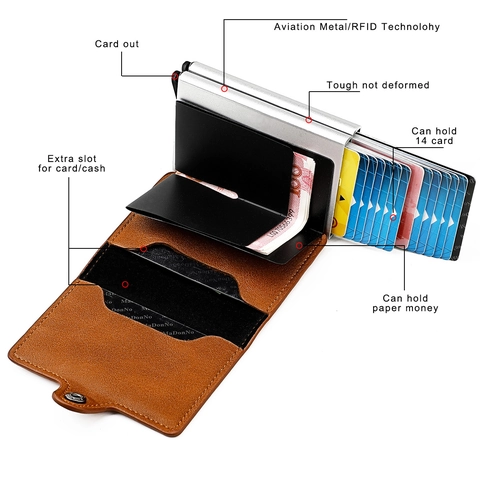 Porte-cartes en Cuir de Vache à Blocage RFID Pop-up Automatique Avec Double Boîtier en Aluminium Portefeuille Mince Antivol pour Hommes Femmes