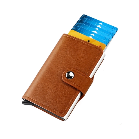 Porte-cartes Pop-up Automatique Blocage RFID Boîtier en Alliage d'Aluminium Portefeuille en Cuir de Vachette Étui pour Cartes de Crédit Business Homme Femme