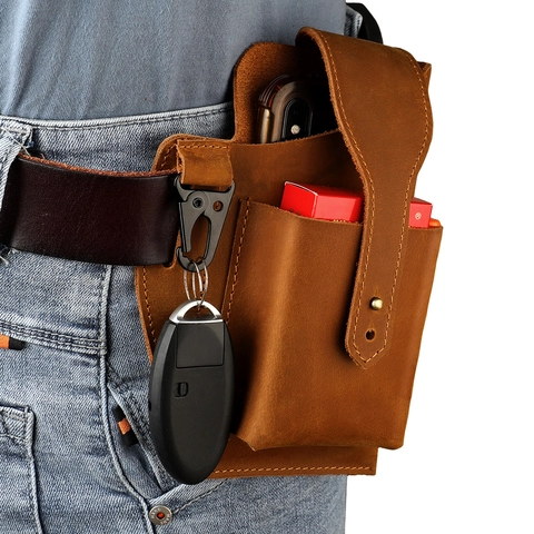 Marsupio da Uomo in Pelle di Vacchetta Vintage Custodia per Telefono Multifunzionale Con Passante per Cintura Borsa Tattica