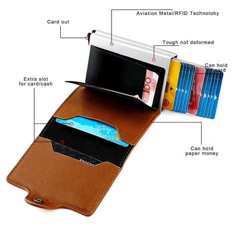 Portacarte RFID Uomo Pop-Up Doppia Scatola in Alluminio Portafoglio in Pelle di Vacchetta Carte Contanti Urban Business Minimalista Sottile Portacarte