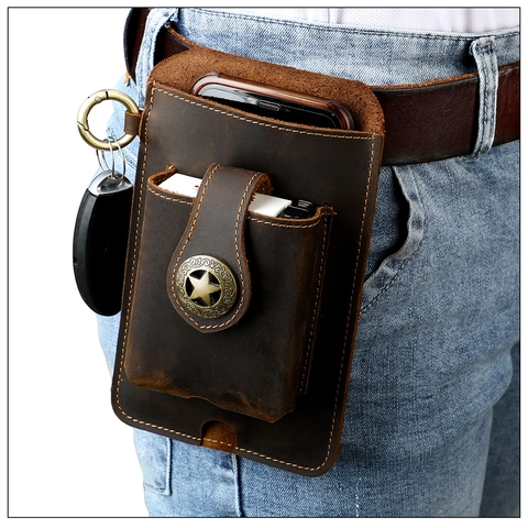 Genuine Cowhide Leather Phone Waist Bag Men Retro Crazy Horse Cellphone Pouch Belt Loop Holster With Keyring Hook