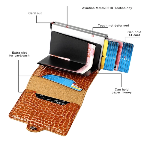 Portacarte a Scatto Con Blocco RFID Trama Coccodrillo In Lega Di Alluminio E Pelle Sintetica Portafoglio Per Uomo Donna Business
