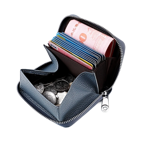 Echtes Rindsleder RFID Kartenhalter Brieftasche Reißverschluss Akkordeon Münzfach Litschi Textur Minimalistisches Kartenetui