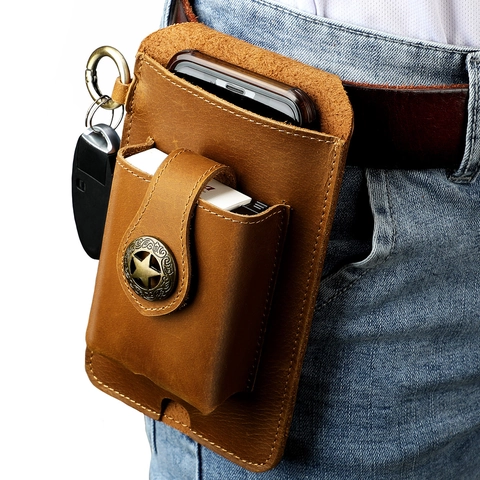 Genuine Cowhide Leather Phone Waist Bag Men Retro Crazy Horse Cellphone Pouch Belt Loop Holster With Keyring Hook