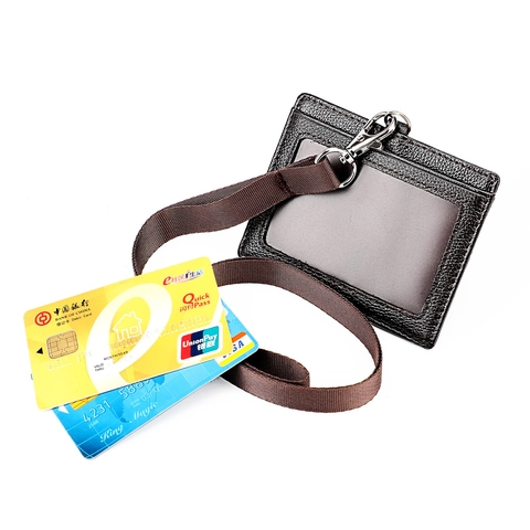 Echtes Rindsleder Ausweis Kartenhalter Mit Lanyard Lychee Muster Business Badge Halter Und Namenskarten Schutz
