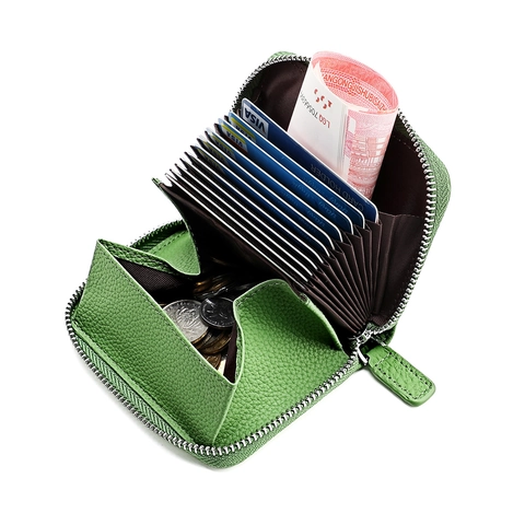 Portefeuille pour Femme en Cuir de Vachette Véritable Blocage RFID Porte-cartes Grain Litchi Fermeture Éclair Grande Capacité