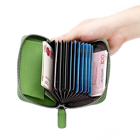 Portefeuille pour Femme en Cuir de Vachette Véritable Blocage RFID Porte-cartes Grain Litchi Fermeture Éclair Grande Capacité