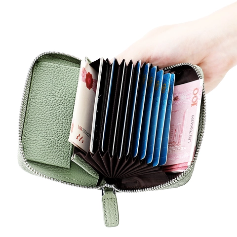 Tarjetero De Cuero Genuino Protección RFID Acordeón Cartera Con Cremallera Piel De Vaca Grano Litchi Minimalista