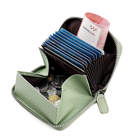 Tarjetero De Cuero Genuino Protección RFID Acordeón Cartera Con Cremallera Piel De Vaca Grano Litchi Minimalista