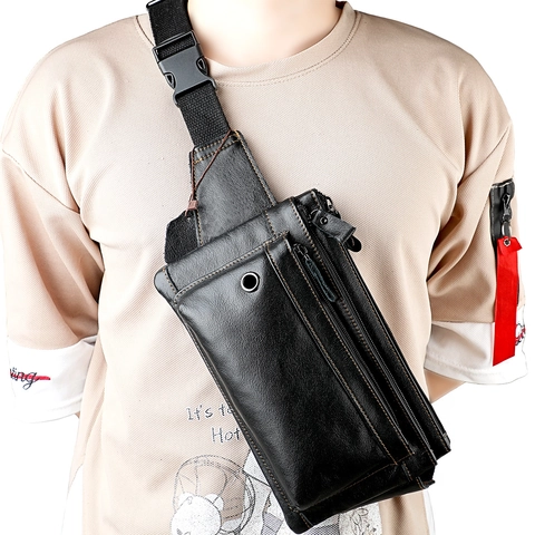 Marsupio in Vera Pelle di Vacchetta per Uomo Vintage con Tasche Multiple Borsa da Petto con Foro per Cuffie Esterno