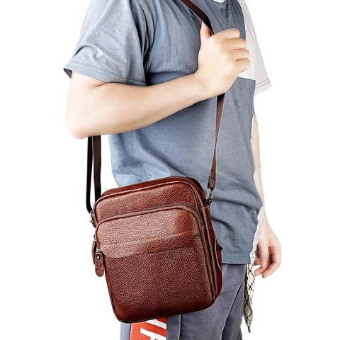 Borsa a Tracolla da Uomo in Vera Pelle di Vacchetta Motivo Litchi Protezione RFID Borsa Business Casual per Uomo
