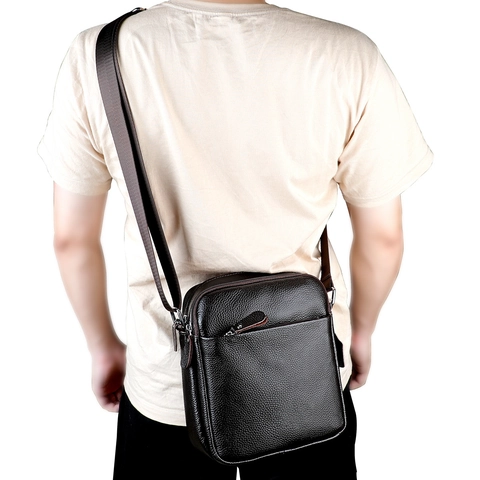 Men Genuine Leather Messenger Bag Litchi Grain Cowhide Crossbody Shoulder Bag For Business Daily Casual Travel Multi Pocket