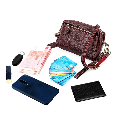 Sac Bandoulière en Cuir Véritable pour Femmes Grain de Litchi Sac à Épaule RFID Blocage Multi Poches Pochette Téléphone