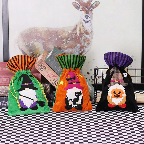 Halloween Zwerg Kordelzug Süßigkeitenbeutel Samt Geschenkbeutel Mit Hexenhut Kürbis Schwarze Katze Applikation Partybedarf