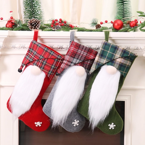 Kerstsok Kabouter Gezichtloze Pop Ruit Hoed Lange Baard Cadeautas Hangend Ornament Voor Open Haard Thuis Vakantie Decor