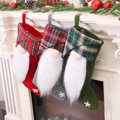 Kerstsok Kabouter Gezichtloze Pop Ruit Hoed Lange Baard Cadeautas Hangend Ornament Voor Open Haard Thuis Vakantie Decor