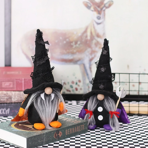 Decoración de Gnomo de Halloween Peluche Vampiro Bruja Con Capa Guadaña Tridente Adorno de Mesa Hecho a Mano para Fiesta Casa