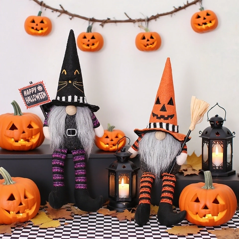 Gnomo De Halloween Muñeca De Peluche Adorno Piernas Largas Calabaza Gato Sombrero Bruja Decoración Fiesta Tela Hecha Mano