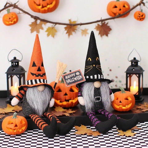 Gnomo De Halloween Muñeca De Peluche Adorno Piernas Largas Calabaza Gato Sombrero Bruja Decoración Fiesta Tela Hecha Mano