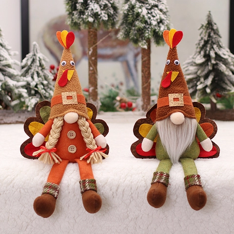 Gnomes de Dinde de Thanksgiving Faits Main en Peluche Décoration de Récolte d'Automne Ornement de Table Poupée de Dinde à Longues Jambes pour Maison Fête Cadeau