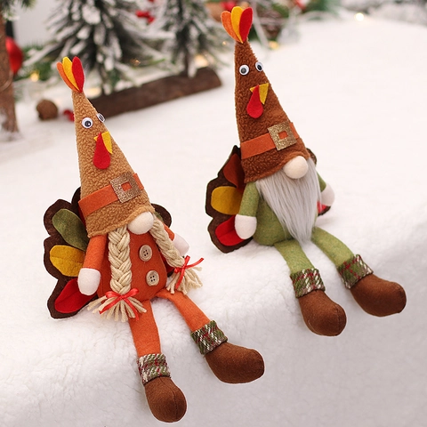 Gnomes de Dinde de Thanksgiving Faits Main en Peluche Décoration de Récolte d'Automne Ornement de Table Poupée de Dinde à Longues Jambes pour Maison Fête Cadeau