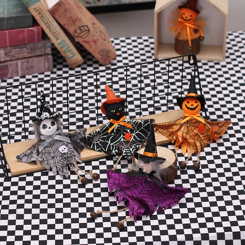 Halloween Hanging Ornaments With Spider Web Pattern Mesh Witch Pumpkin Black Cat Skeleton Dolls For Party Festival Decor