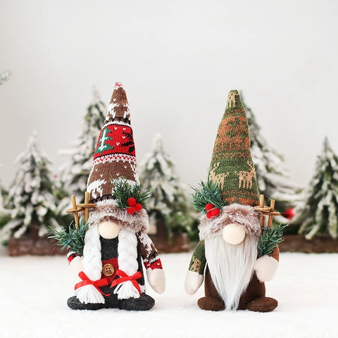 Christmas Gnome Plush Doll Knitted Reindeer Hat Faceless Tomte Ornament With Wood Skiing Poles For Home Xmas Decor Gift