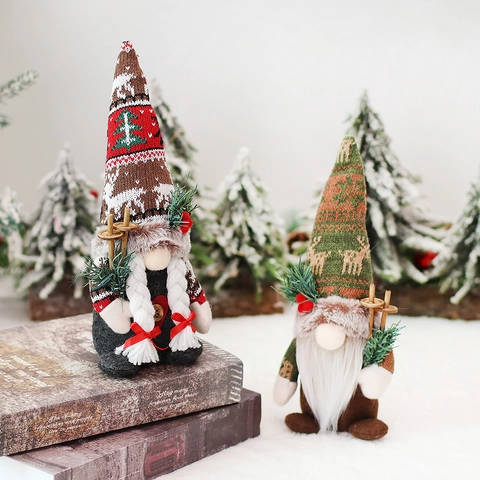 Christmas Gnome Plush Doll Knitted Reindeer Hat Faceless Tomte Ornament With Wood Skiing Poles For Home Xmas Decor Gift