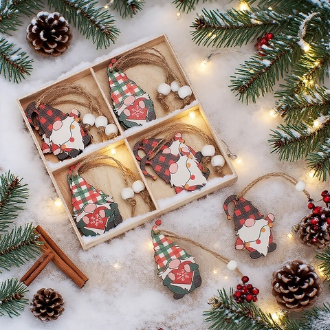 Christmas Gnome Wood Hanging Ornaments Decorative Cartoon Faceless Doll Pendants For Xmas Tree Home Holiday Decor With Wood Box