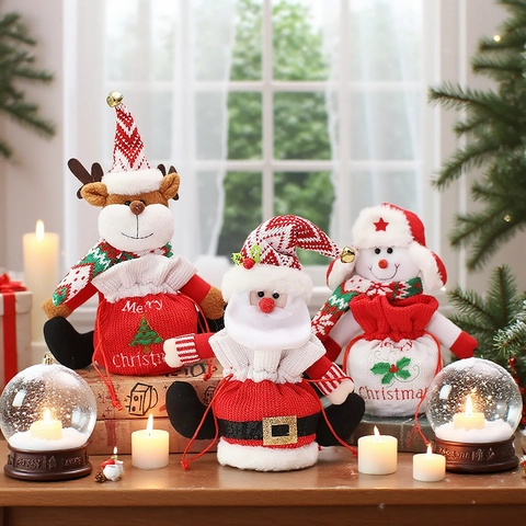 Weihnachts Geschenkbeutel Mit Kordelzug Gestrickt Plüsch Weihnachtsmann Schneemann Rentier Süßigkeiten Beutel Deko