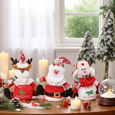 Weihnachts Geschenkbeutel Mit Kordelzug Gestrickt Plüsch Weihnachtsmann Schneemann Rentier Süßigkeiten Beutel Deko
