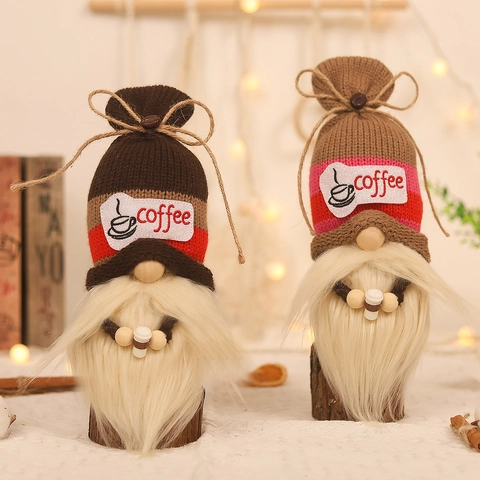 Coffee Theme Gnome Ornaments Knitted Faceless Doll Holding Mini Cup White Beard Decorative Plush For Cafe Home