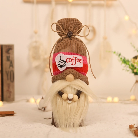 Coffee Theme Gnome Ornaments Knitted Faceless Doll Holding Mini Cup White Beard Decorative Plush For Cafe Home