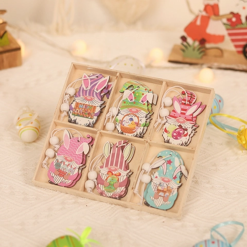 Wooden Easter Gnome Hanging Ornaments Collection Colorful Rabbit Egg Printed Wood Bead Decor For Festive Home Party Wall Decorations